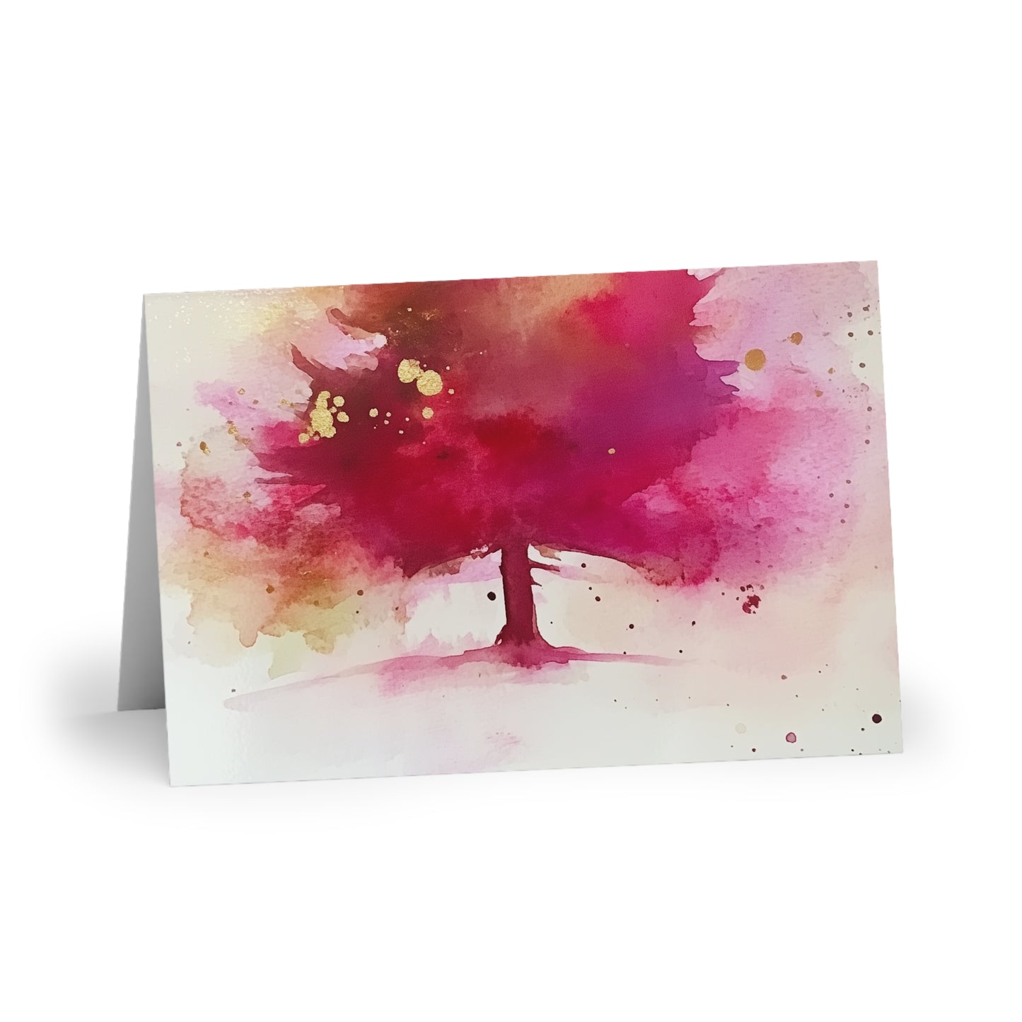 Greeting Cards - Pink Watercolor Tree with Gold Accents (1 or 10-pcs)